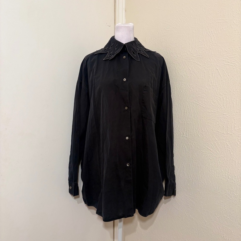 Black Cotton Ruffle Cutout Collar Clown Peasant Ren Faire Oversized Button Down